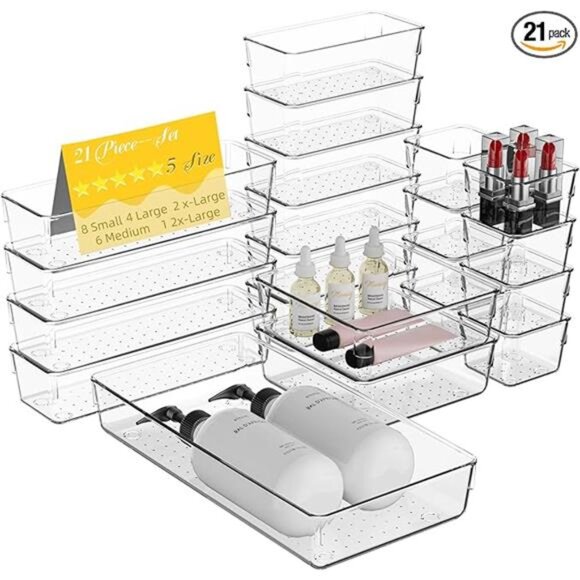 Clear Drawer Organizer Set 21 PCS Acrylic Storage Bins Non Slip for Makeup Jewel - Picture 7 of 7